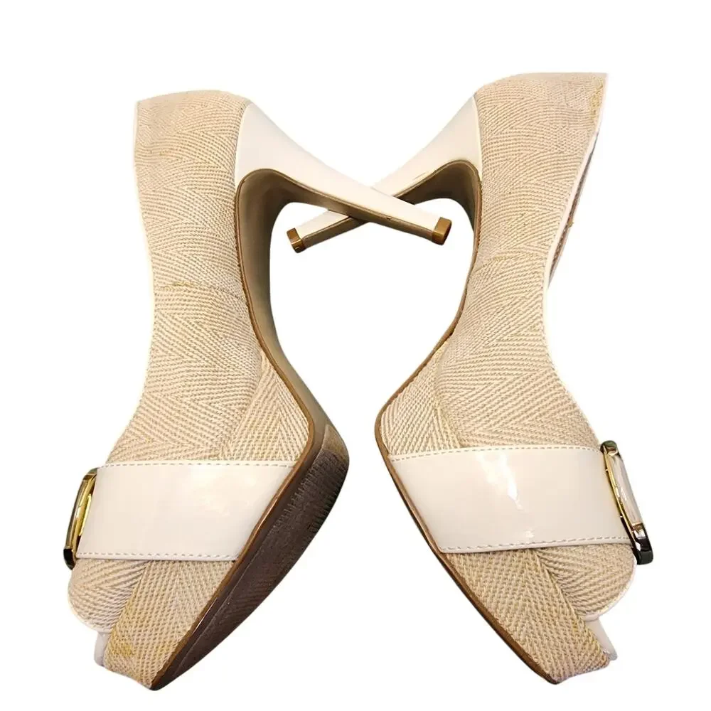 Nine West Women Shoes, Beige & Cream Fabric Print Peep Toe High Heel Pumps, 7.5M